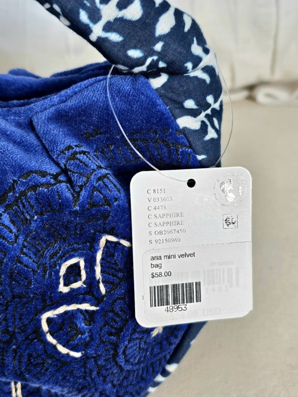 Free People Attia Velvet Bag Blue Embroidered Knot Handle NWT Boho Mini Hobo - Picture 6 of 15